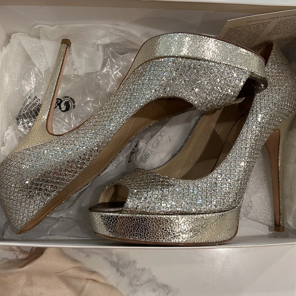 Jimmy CHOO 247 Crown Glitter fabric champagne platform 5in heels size 39.5